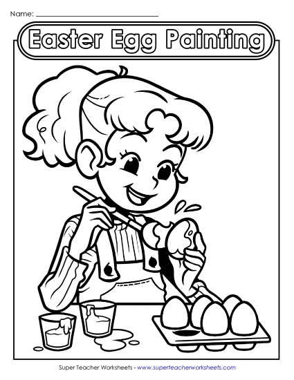 Advanced Pictures (For Older Kids) - Coloring Page: Girl Painting Easter Eggs (Printable PDF Worksheet)
