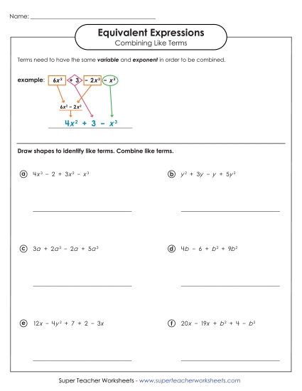 Combining Like Terms (Simplifying Expressions) - Combining Like Terms (Advanced #1) (Printable PDF Worksheet)