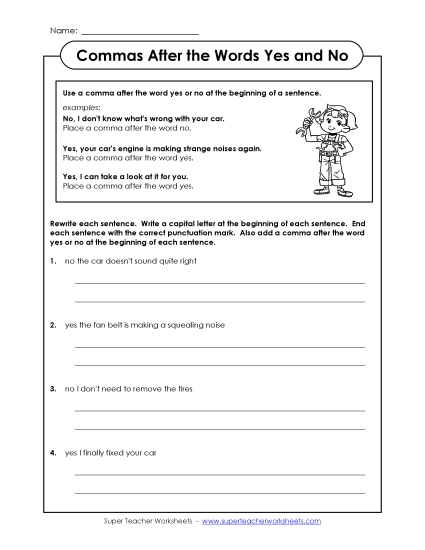Commas After Interjections - Comma After Yes and No (Printable PDF Worksheet)