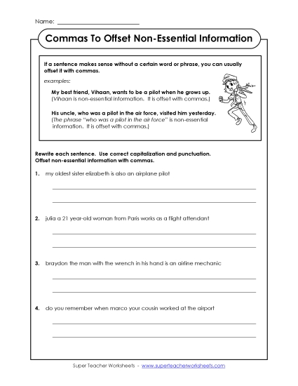 Commas to Offset Non-Essential Information - Commas for Non-Essential Information (Printable PDF Worksheet)