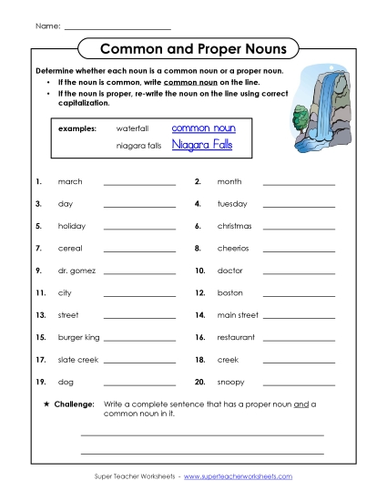 Common & Proper Nouns - Common and Proper Nouns (A) (Printable PDF Worksheet)