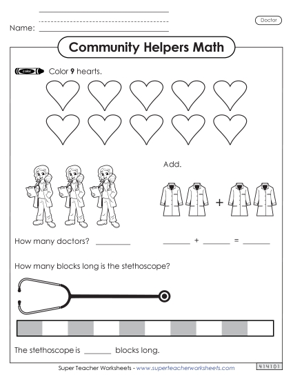 Mixed Math Skills (Very Basic) - Community Helpers Math: Doctor (Printable PDF Worksheet)
