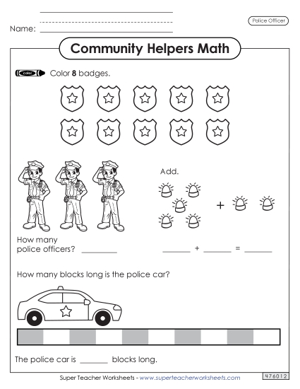 Mixed Math Skills (Very Basic) - Community Helpers Math: Police Officer (Printable PDF Worksheet)