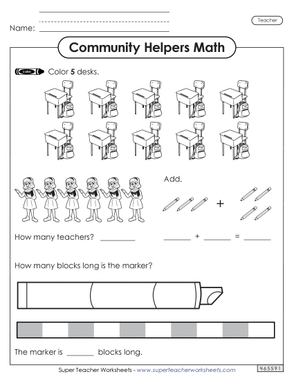 Mixed Math Skills (Very Basic) - Community Helpers Math: Teacher (Printable PDF Worksheet)