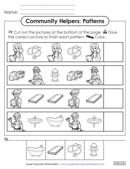 Patterns (Cut & Glue) - Community Helpers: Patterns Worksheet #1 (Printable PDF Worksheet)