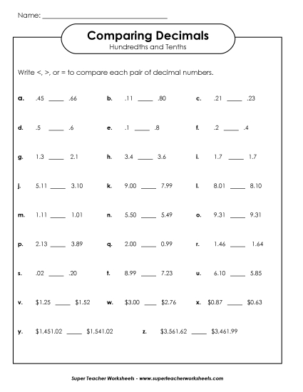 Tenths & Hundredths Mixed - Compare Decimals 2 (Tenths and Hundredths) (Printable PDF Worksheet)