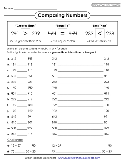 Comparing Numbers - Comparing 3-Digit Numbers (Printable PDF Worksheet)