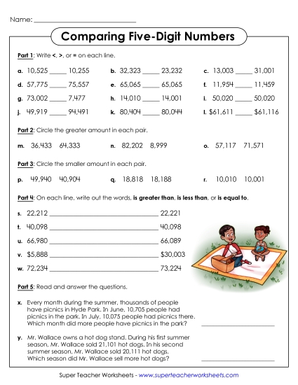 Comparing Numbers - Comparing 5-Digit Numbers (Printable PDF Worksheet)