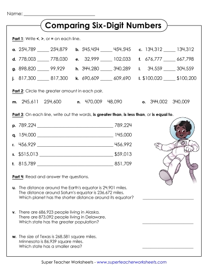 Comparing Numbers - Comparing 6-Digit Numbers (Printable PDF Worksheet)