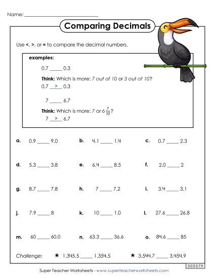 Comparing Decimals - Comparing Decimals (Tenths) (Printable PDF Worksheet)