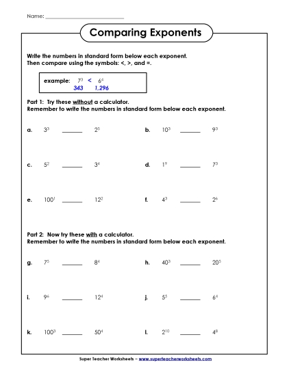 Exponents w/ Whole Numbers as a Base - Comparing Exponents (Printable PDF Worksheet)