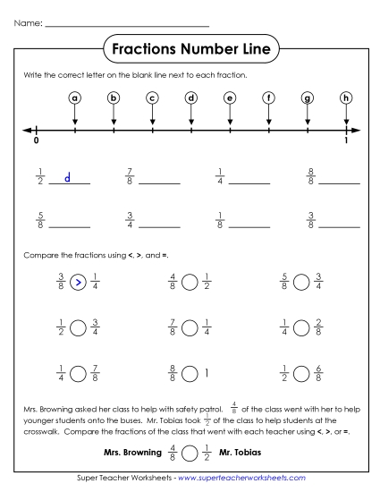 Comparing Fractions w/ Number Lines - Comparing Fractions Number Line (Printable PDF Worksheet)