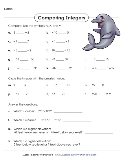 Basic Integers - Comparing Integers (Printable PDF Worksheet)