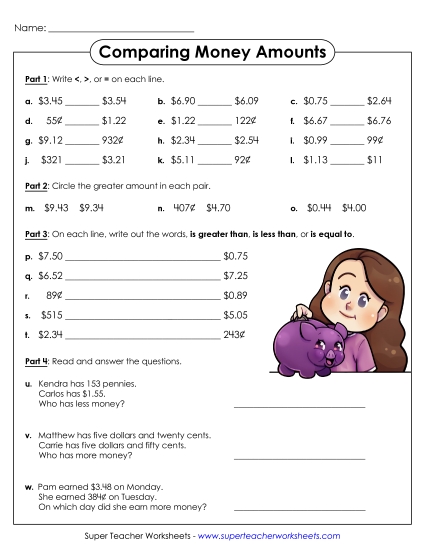 Comparing - Comparing Money Amounts (Printable PDF Worksheet)