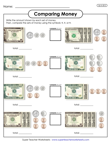 Amounts Up to $12 - Comparing Money (Printable PDF Worksheet)