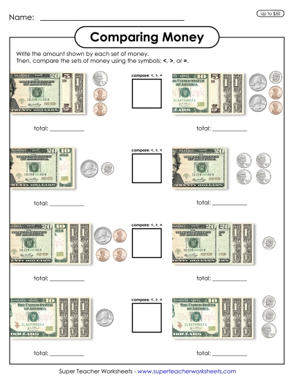 Amounts Up to $50 - Comparing Money (Printable PDF Worksheet)