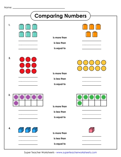 Greater, Less, Equal - Comparing Numbers: Illustrations (Printable PDF Worksheet)