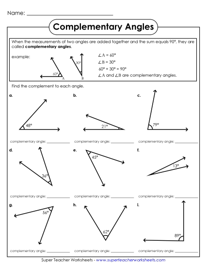 Complementary Angles - Complementary Angles (Printable PDF Worksheet)