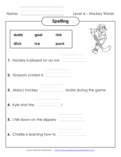 Worksheets and Activities - Complete the Sentences (A-Hockey Words) (Printable PDF Worksheet)
