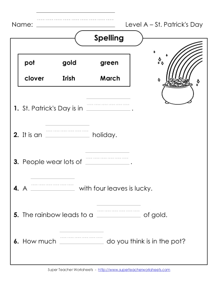 Worksheets - Complete the Sentences (A-St. Patrick's Day)  (Printable PDF Worksheet)