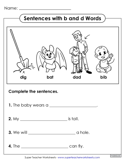 Letters b and d - Complete the Sentences (Printable PDF Worksheet)