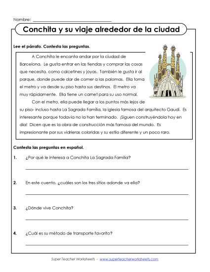 Level: Intermediate - Conchita y su viaje alrededor de la ciudad (Printable PDF Worksheet)