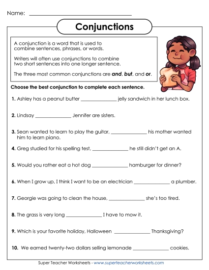 Intermediate (Grades 3 and Up) - Conjunctions (And, But, Or) (Printable PDF Worksheet)
