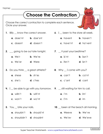 Worksheets - Contraction Choices (Printable PDF Worksheet)