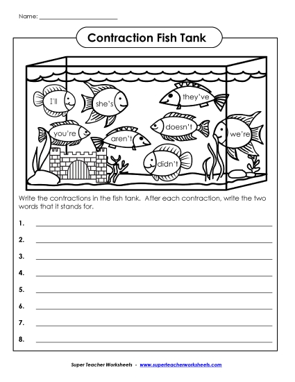 Worksheets - Contraction Fish Tank (Printable PDF Worksheet)