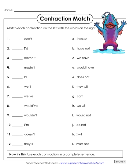 Worksheets - Contraction Match (Printable PDF Worksheet)