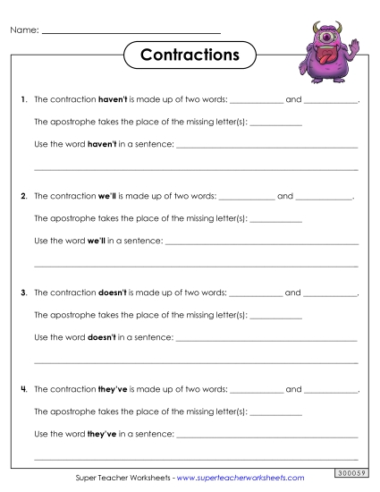 Worksheets - Contractions - Thinking Activity (Printable PDF Worksheet)