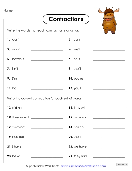 Worksheets - Contractions Worksheet (Printable PDF Worksheet)