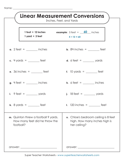 Conversions & Unit Comparisons - Converting Inches, Feet, and Yards (Basic) (Printable PDF Worksheet)