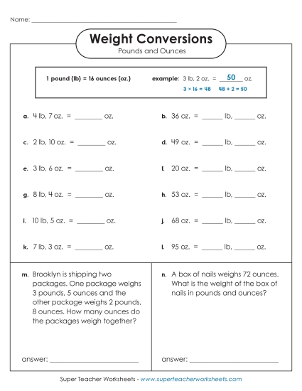 Worksheets - Converting Pounds and Ounces (Printable PDF Worksheet)