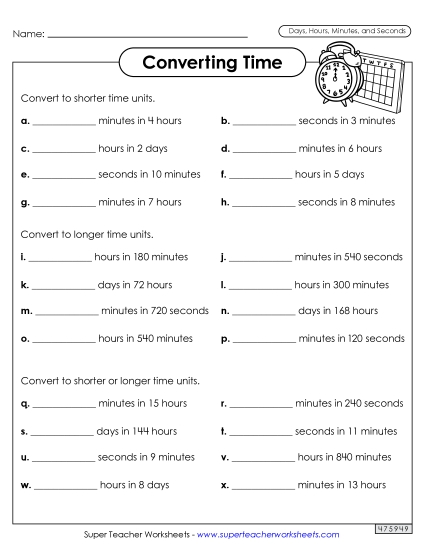 Days, Hours, Minutes, Seconds - Converting Time (Days, Hours, and Minutes) (Printable PDF Worksheet)