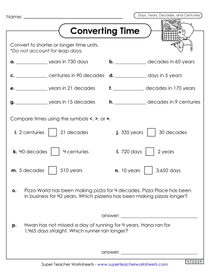 Days, Years, Decades, Centuries - Converting Time (Days, Years, Decades, and Centuries) (Printable PDF Worksheet)