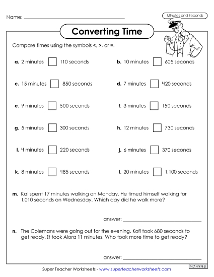 Hours, Minutes, Seconds - Converting Time: Minutes and Seconds Greater Than, Less Than, or Equal to  (Printable PDF Worksheet)