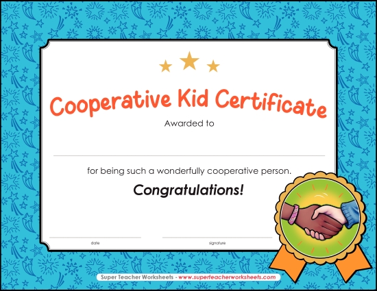 Character Awards - Cooperative Kid Certificate (Printable PDF Worksheet)