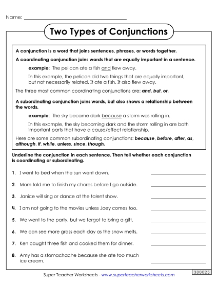 Advanced (Grades 5 and Up) - Coordinating and Subordinating Conjunctions (Printable PDF Worksheet)