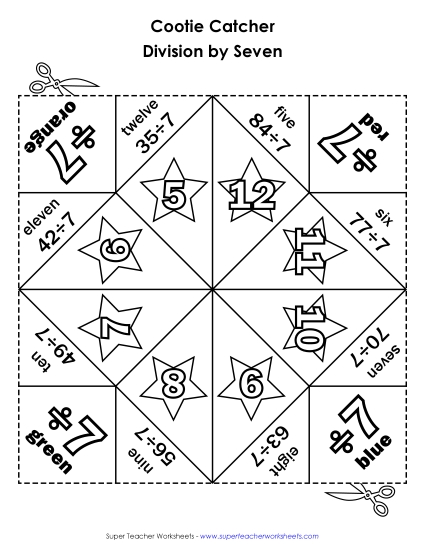 Origami Fortune Tellers (aka Cootie Catchers) - Cootie Catcher Divide by SEVEN (Printable PDF Worksheet)