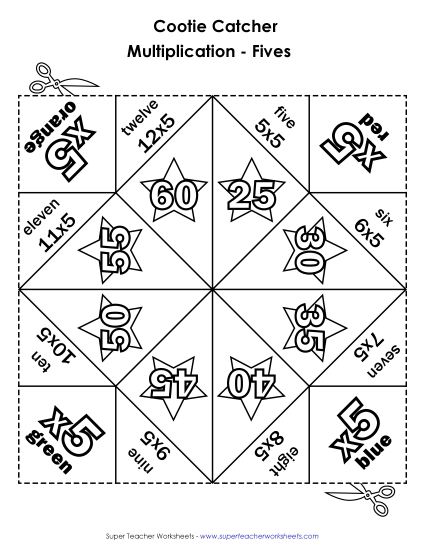 Multiplication by 5s Only - Cootie Catcher: Multiply by 5 (Printable PDF Worksheet)