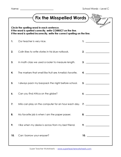 Worksheets and Activities  - Correct or Incorrect? (C-School Words)  (Printable PDF Worksheet)