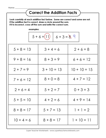 Addition Worksheets & Games - Correct the Addition (Printable PDF Worksheet)