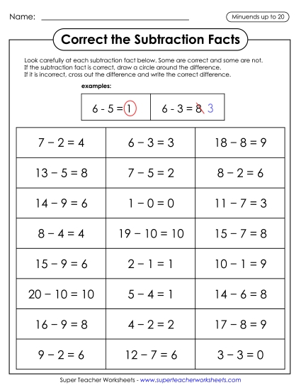 Subtraction Fact Practice - Correct the Subtraction Facts (Printable PDF Worksheet)