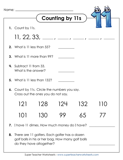 Count By 11s - Questions (Printable PDF Worksheet)