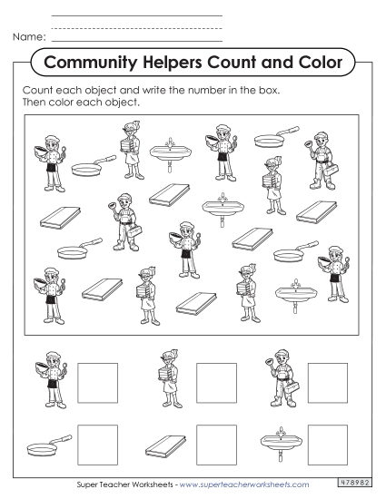 Counting Up to 10 - Count the Objects  (Bus Driver, Construction Worker, Mail Carrier) (Printable PDF Worksheet)