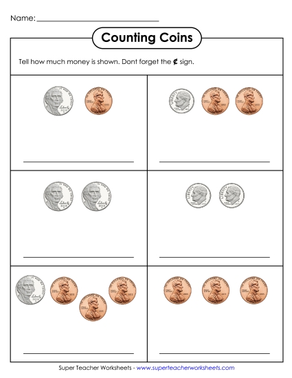 Worksheets - Counting Coins (Basic) (Printable PDF Worksheet)