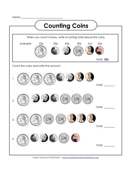 Coins Only (No Bills) - Counting Coins with Running Total (Printable PDF Worksheet)