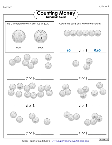 Basic (Single Coins & Bills) - Counting Dimes (Printable PDF Worksheet)