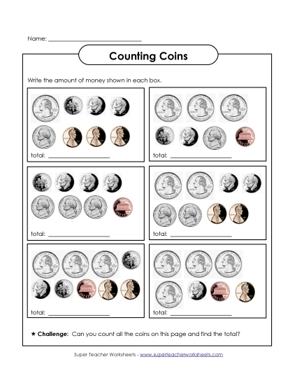 Coins Only (No Bills) - Counting Mixed Coins 1 (Printable PDF Worksheet)
